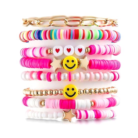 Set van 8 roze, witte en gouden armbanden met polymeerklei schijfjes, parels, smileygezichten en sterren.