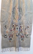 Geborduurde wollen dames sjaal in blauwgrijs met licht taupe - 70 x 180 cm