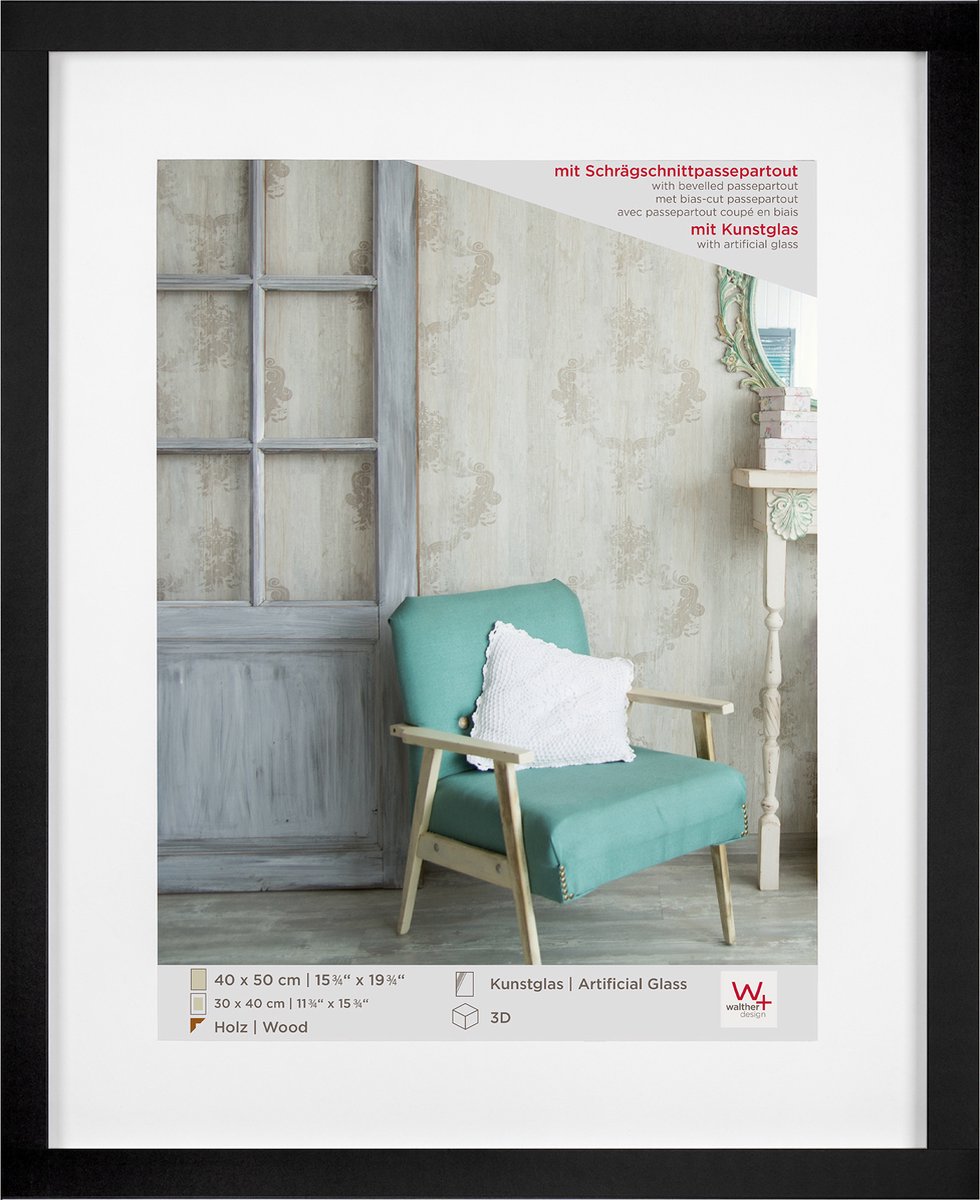 Walther Stockholm - 3D MDF Houten lijst - Fotoformaat 40x50 - Kunstglas - Zwart