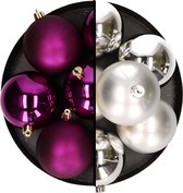 Decoris Kerstballen - 12x st - 8 cm - zilver en paars - kunststof