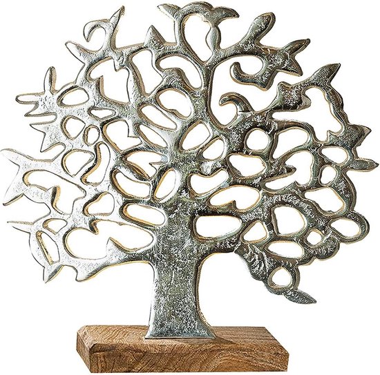 Decoratieve figuur boom - levensboom - aluminium - zilver - op houten voet - hoogte 46 - breedte 49 cm