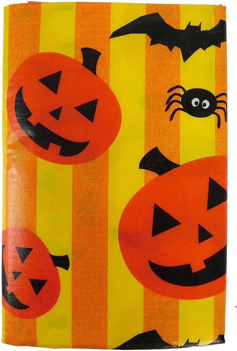Halloween/horror thema feest tafelkleed - 2x - pompoenen/vleermuizen - geel - PVC - 130 x 175 cm