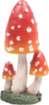 Decoratie huis/tuin beeldje paddenstoelen - hoge hoed - vliegenzwammen - rood/wit - 10 cm