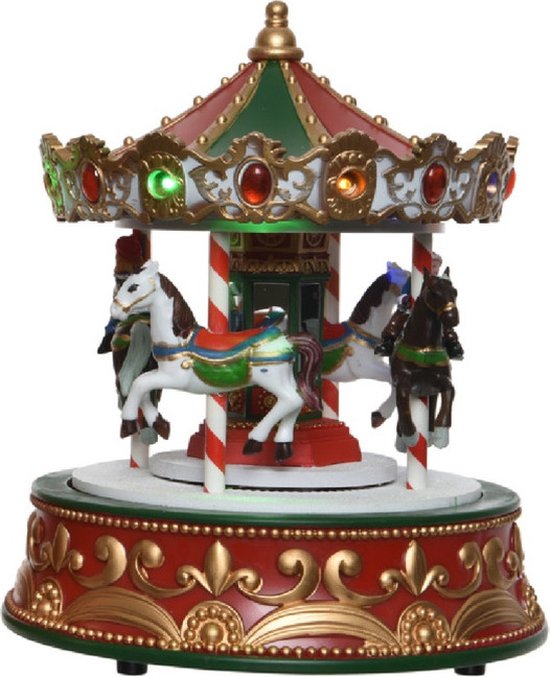 Lumineo kerstdorp draaimolen - draaiend - met licht en muziek - 21,5 cm - carrousel