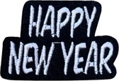 Happy New Year Tekst Strijk Embleem Patch 5.8 cm / 4.1 cm / Zwart Wit