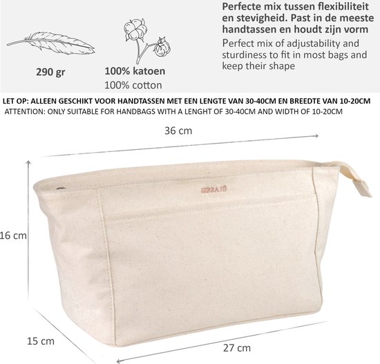 Serra Fé - tas organizer voor middelgrote handtas - bag in bag - 100% katoen - 12 vakken - hoogwaardig - geschikt voor handtas ca. 30-40 cm lengte en 10 - 20 cm breedte - Serra Fé
