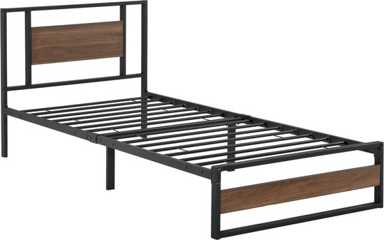 Metalen bed Martinus - Bedframe - 90x200 cm - Zwart en Walnoot - Modern design