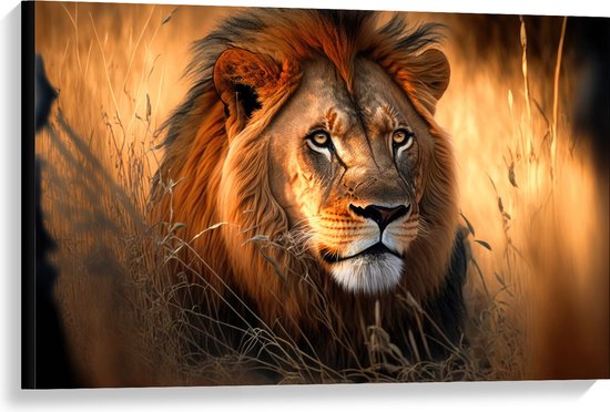 Canvas - Prachtige Mannelijke Leeuw tussen de Hoge Grassen - 90x60 cm Foto op Canvas Schilderij (Wanddecoratie op Canvas)