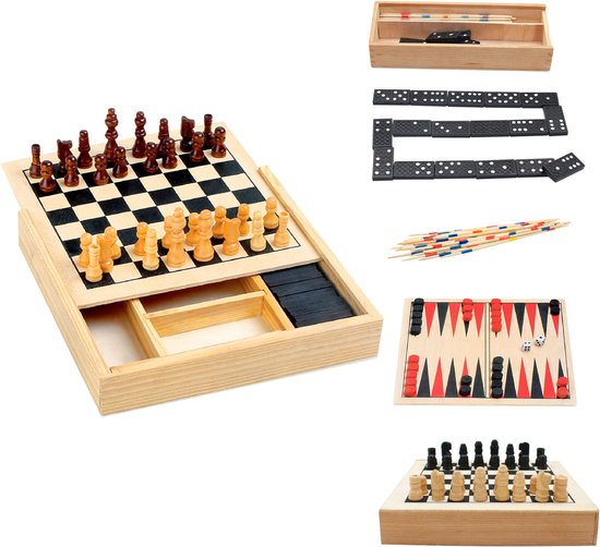 Cheqo® 4-in-1 Spellendoos - Spellenset - Bordspellen - Bordspel Set - Backgammon - Mikado - Domino - Schaken - Hout - 17x17x3cm