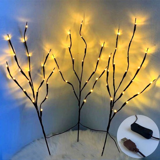 Natuurlijke Elegante Wilgentaklamp met USB-lichttakken - 60 Warm Witte LED's - 70 cm Hoogte - 3 Takken