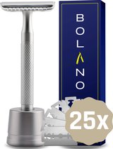 Bolano® Safety Razor Zilver + Houder + 25 RVS Scheermesjes Double Edge - Klassiek Scheermes voor Mannen en Vrouwen - Duurzaam Scheren - Zero Waste - RVS Messing - Dichte zijkant