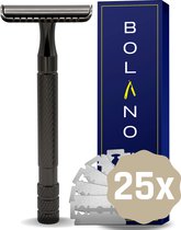 Bolano® Safety Razor Mat Zwart + 25 RVS Scheermesjes Double Edge - Klassiek Scheermes voor Mannen en Vrouwen - Duurzaam Scheren - Zero Waste - RVS Messing - Dichte zijkant