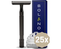 Bolano® Safety Razor Mat Zwart + 25 RVS Scheermesjes Double Edge - Klassiek Scheermes voor Mannen en Vrouwen - Duurzaam Scheren - Zero Waste - RVS Messing - Dichte zijkant