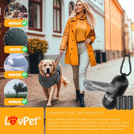 Lovpet® Hondenjas, hondenjas met harnas, incl. 45 stuks poepzakken dispenser, hondenwintervest gevoerd, waterdicht, gevoerd vest met borstriem, reflectoren, D-ring 5XL, beige