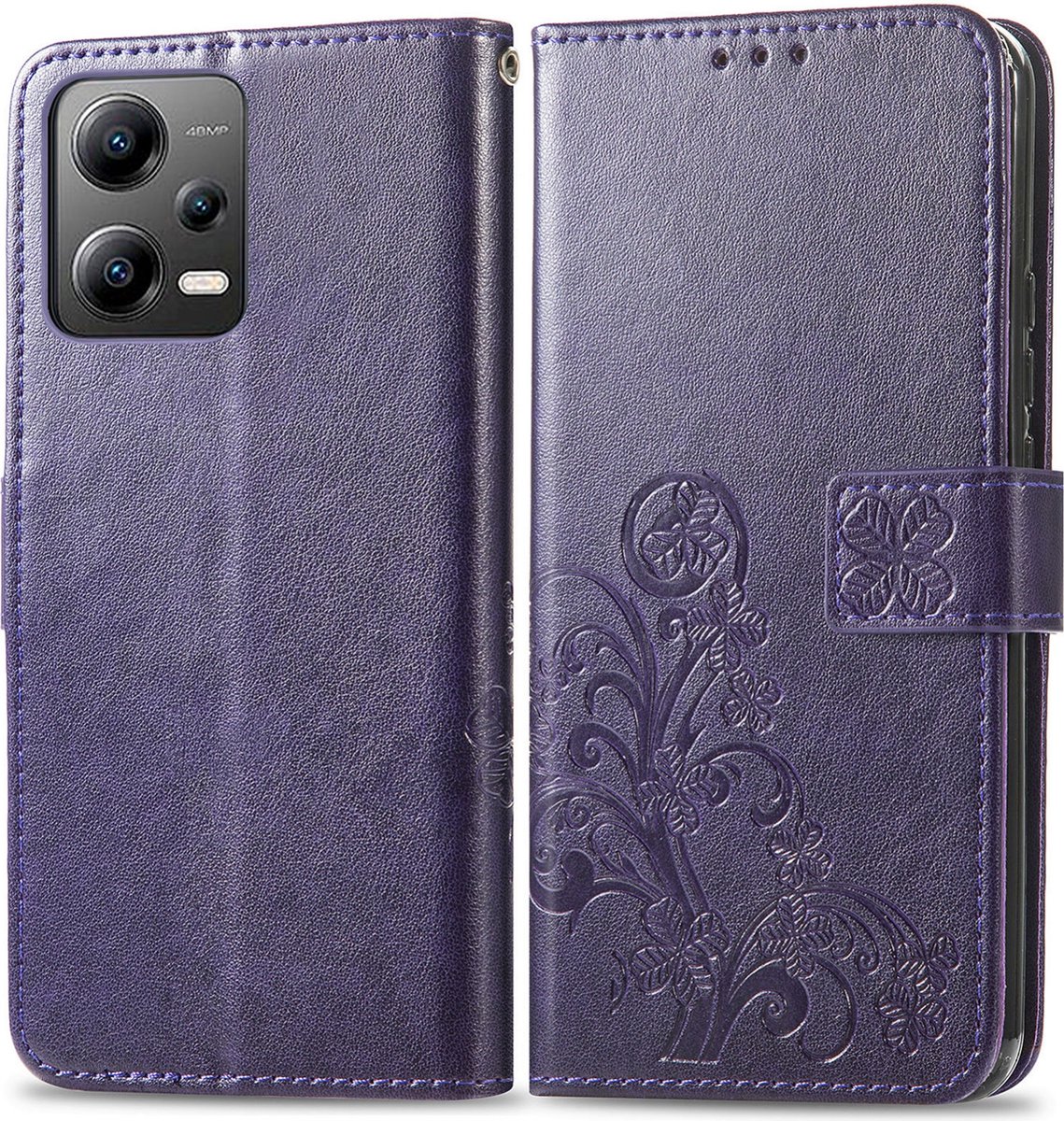 Mobigear Telefoonhoesje geschikt voor POCO X5 Hoesje | Mobigear Clover Bookcase Portemonnee | Pasjeshouder voor 3 Pasjes | Telefoonhoesje voor Pinpas / OV Kaart / Rijbewijs - Paars