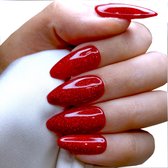 SD Press on Nails - No. 19 Red Light - Plaknagels met nagellijm - Lang Stiletto - Rood Glitter - Set 20 Nagels