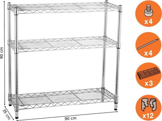 SPACEO - opbergrek metaal - metalen rek in chroom - met 3 planken - B90 ...