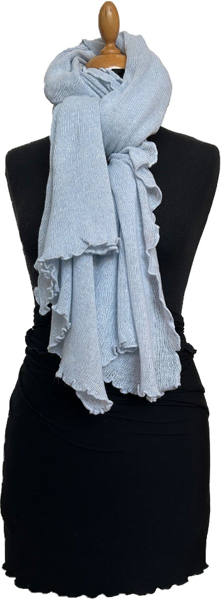 HIGHFIELD SHAWL GEBREID MET RUFFLE RONDOM, BABY-BLUE, 80 x 190CM