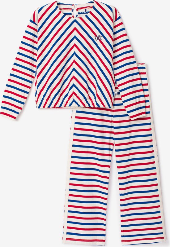 Woody Anne Kurris - Meisjes Pyjama - Ecru met Rood en Blauwe Strepen - jaar