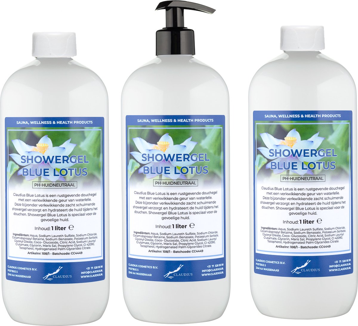 Goedkoopste Claudius Douchegel Blue Lotus 1 liter - set van 3 stuks - met gratis pomp - Showergel