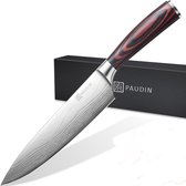 PAUDIN N1 Couteau de chef japonais professionnel en acier inoxydable 20 cm - Couteau de cuisine tranchant comme un rasoir en acier au carbone allemand de haute qualité - Motif damas