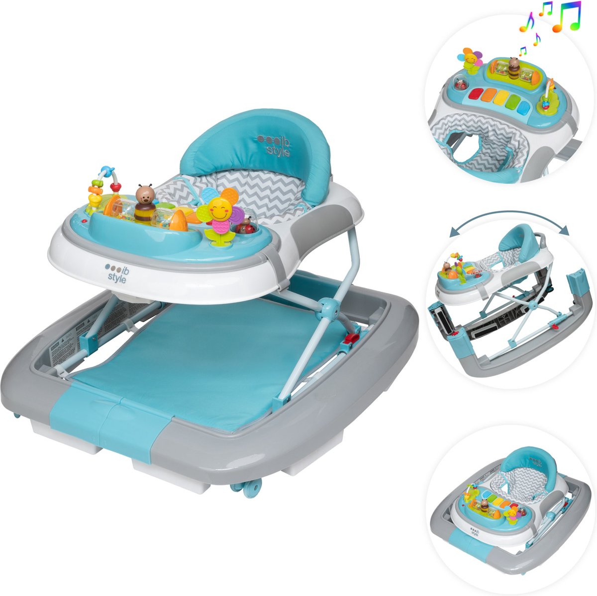 ib style® Loopstoel Babywalker - Baby Loopwagen - Looptrainer - Speelset en Dienblad - Schommelfunctie - Muziekfunctie - Little Wave - Mint – foto 4