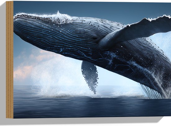 Hout - Bultrug walvis komt boven het zeewater uit met veel spetters om hem heen - 40x30 cm - 9 mm dik - Foto op Hout (Met Ophangsysteem)