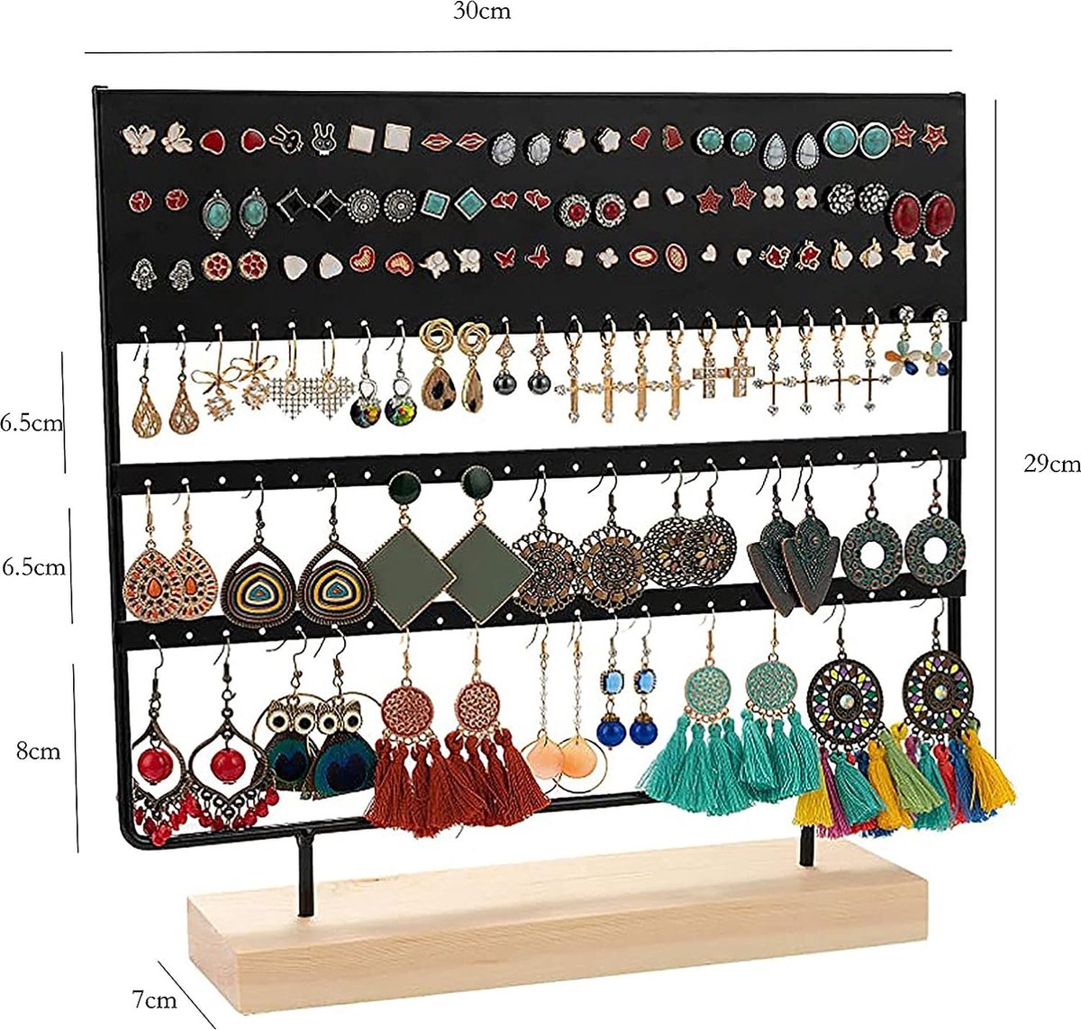 Oorbelorganizer, sieradendisplay, opbergstandaard met houten sokkel, oorbeldisplay standaard, oorbelhouder voor hangende oorbellen, 144 gaten (zwart)