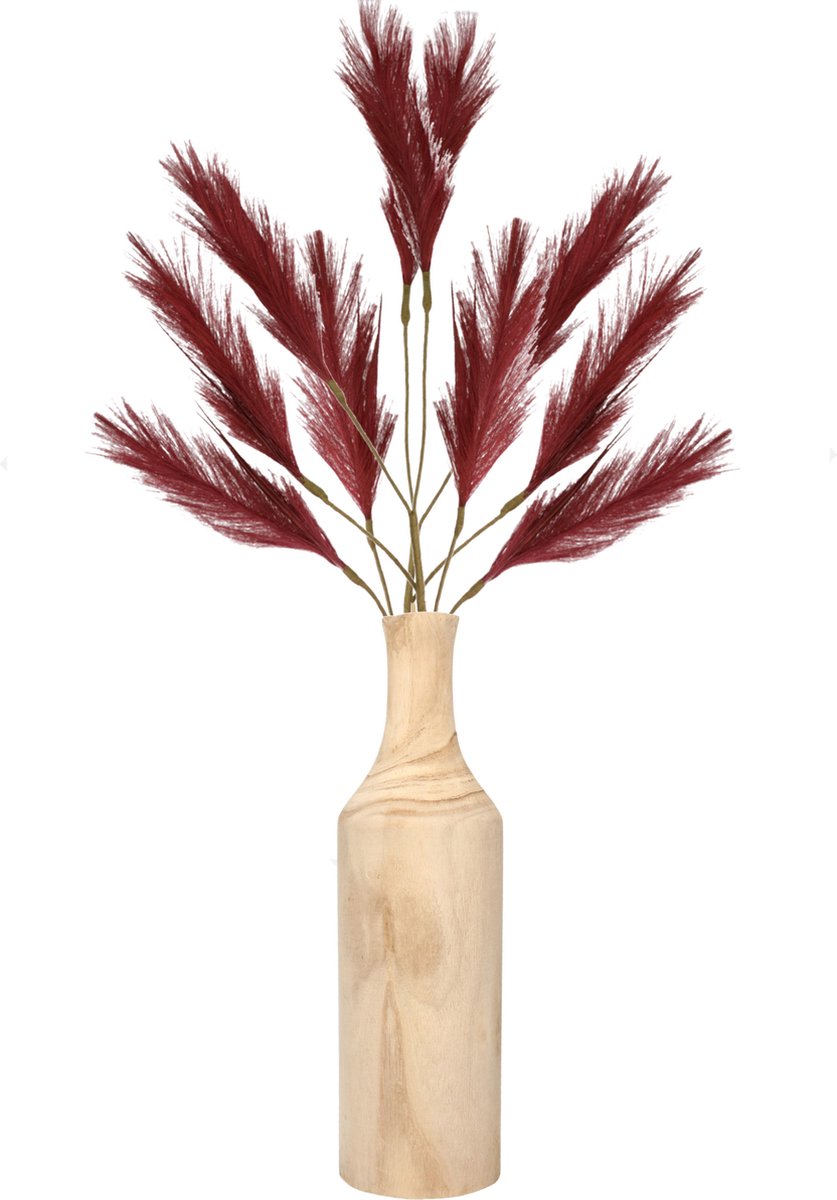 Decoratie pampasgras pluimen in houten vaas - bordeaux rood - 98 cm - Tafel bloemstukken