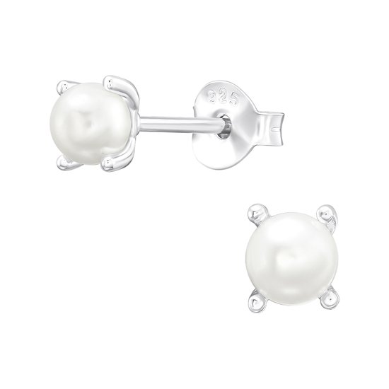 Joy|S - Zilveren parel oorbellen - glas parel - wit - 4 mm - elegante setting - oorknoppen