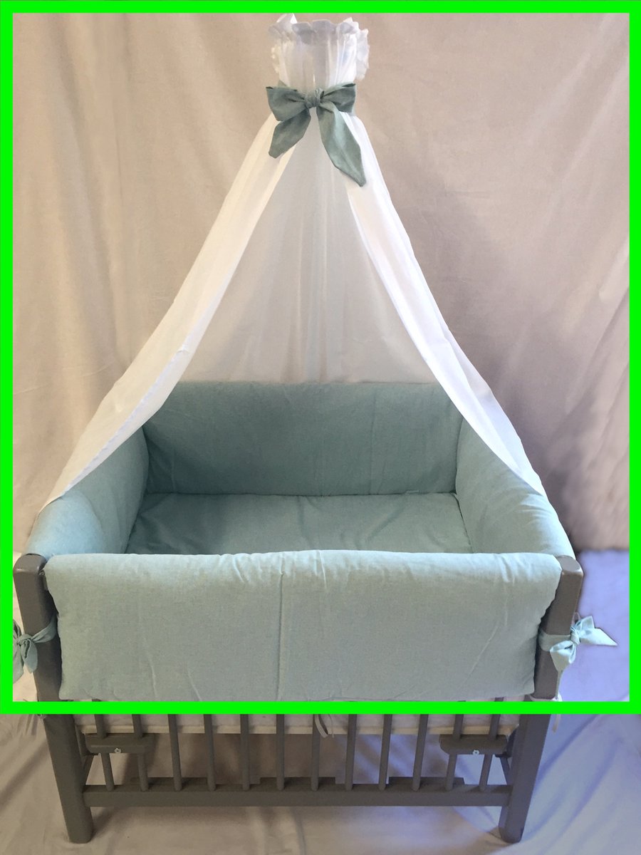 Di-Baby Parkset textiel "Chambray Green" (3-delig: boxomrander + boxlegger + hemel-voile met band)