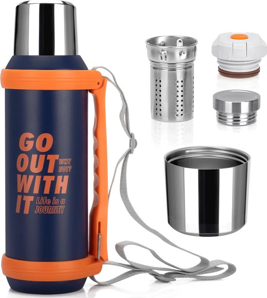 BORDEAG Thermoskan, 1 liter, thermoskan met temperatuurweergave, dubbelwandige vacuüm-isolatie, thermoskan met houtlook, voor koffie, thee en melk
