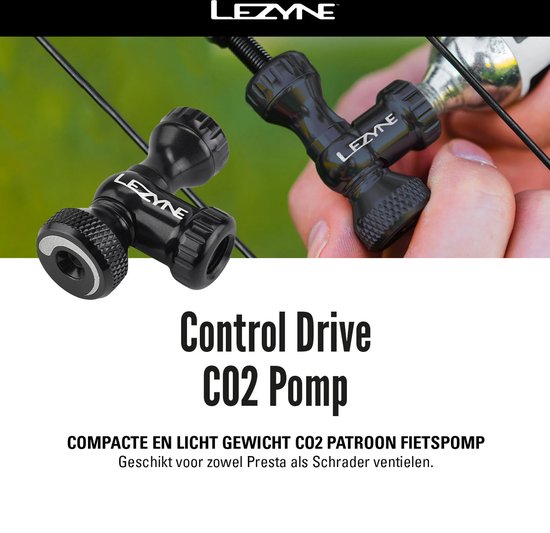Lezyne Control Drive co2 Pomp – Geschikt voor Presta en Schrader – Ontworpen voor co2 patronen 16G – fietspomp – Handpomp – Zwart