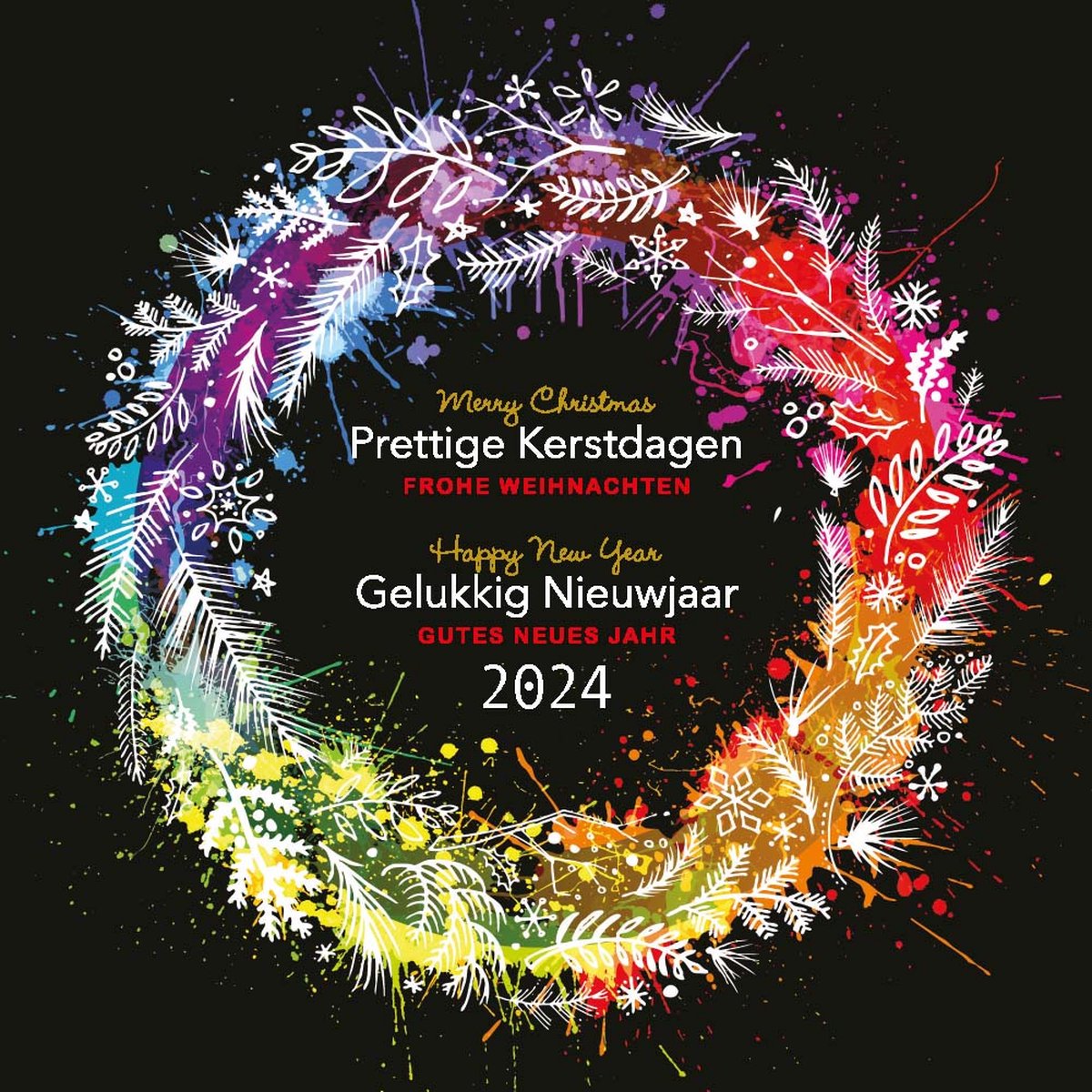 Luxe kerstkaarten 2024 vrolijk gekleurde kerstkrans, met envelop bol