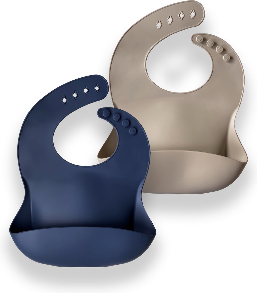 Siliconen Baby Slabbetje Set Beige en Blauw met Opvangbakje - Siliconen Slab - Siliconen Slabbetjes Met Opvangbakje - Slabben Set
