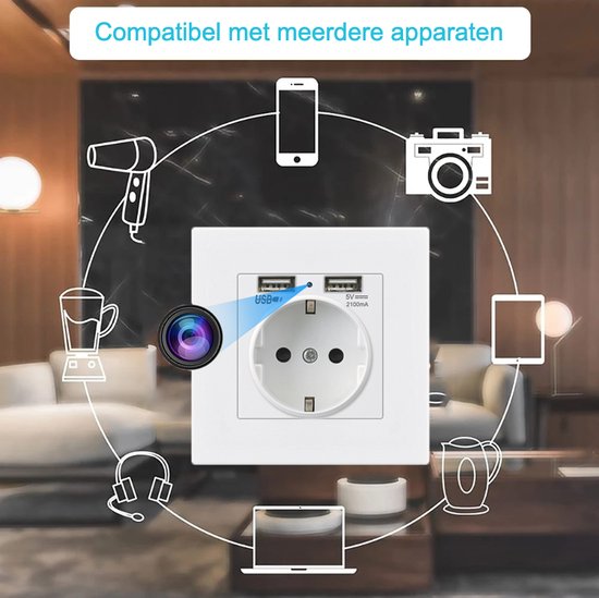 Trend Goods - Verborgen Spy Camera Stopcontact - Stopcontacten - Spy cam Wifi camera binnen met App - Stopcontactbeveiligingscamera - Beveiligingscamera binnen - Incl. 64GB Micro SD kaart - Nachtzicht