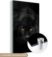 Glasschilderij panter - Dieren - Zwart - Portret - Schilderij glas - Muurdecoratie woonkamer - 40x60 cm - Wanddecoratie glas - Foto op glas - Slaapkamer