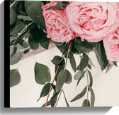 Canvas - Bloemen - Rozen - Bladeren - Roze - 40x40 cm Foto op Canvas Schilderij (Wanddecoratie op Canvas)