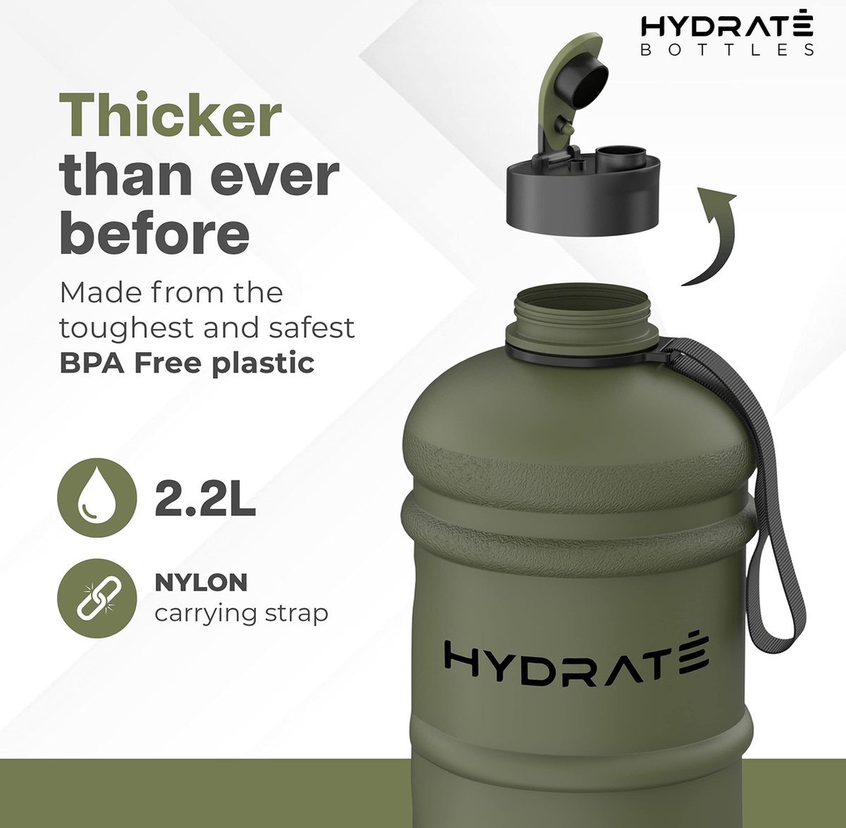 HYDRATE XL Jug Half Gallon Water Bottle - BPA Free, Flip Cap