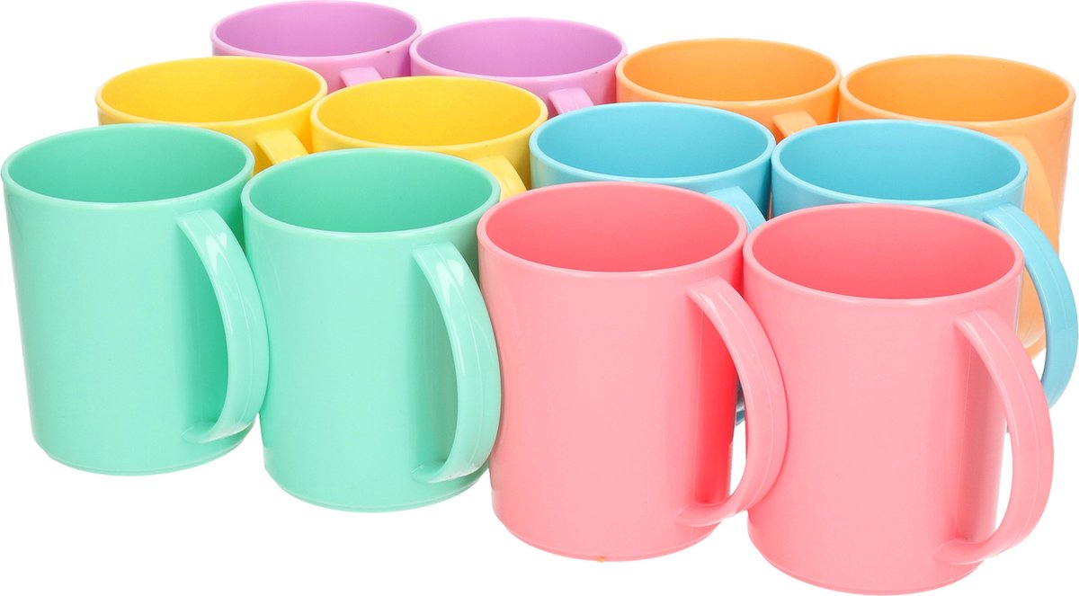 PlasticForte Drinkbekers - 24x stuks - gekleurd - kunststof - 350 ml - limonade bekers/ mokken
