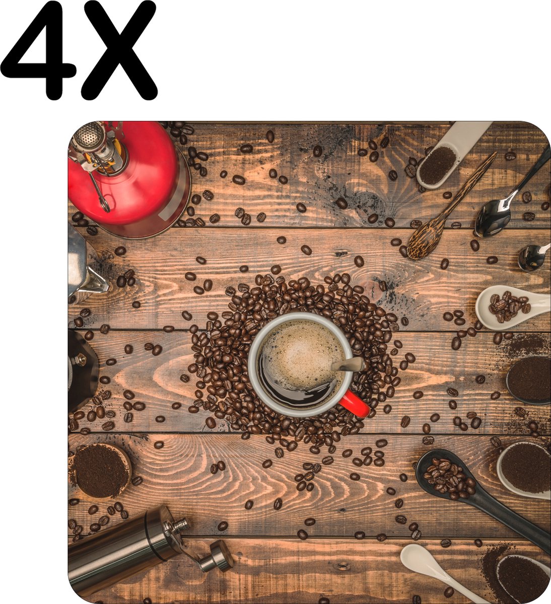 BWK Luxe Placemat - Koffie molens en Schepjes - Set van 4 Placemats - 40x40 cm - 2 mm dik Vinyl - Anti Slip - Afneembaar