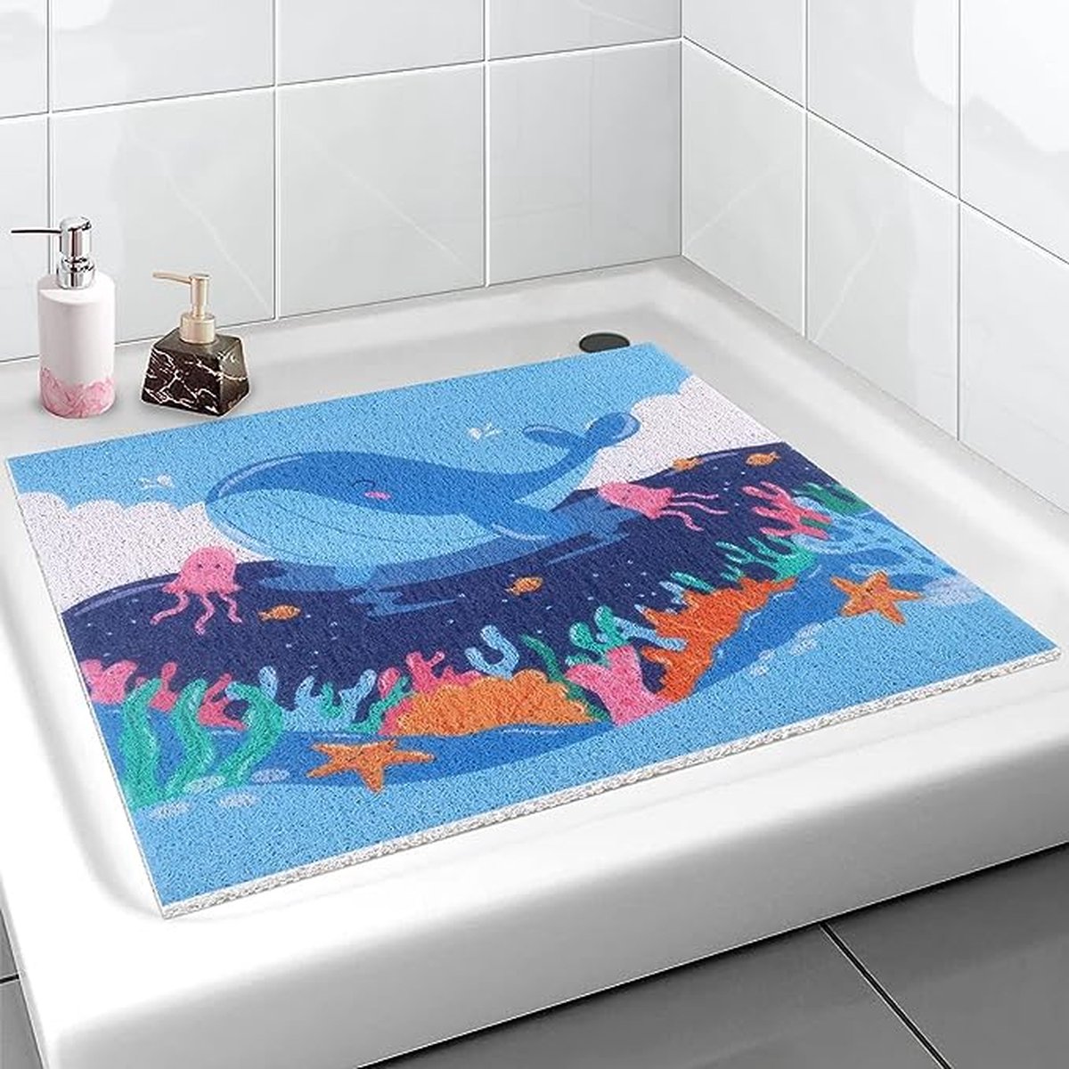 Veiligheidsdouchemat antislip voor kinderen, 60 x 60 cm, zachte comfortabele badmat met afvoergaten, pvc-luchtfa-massage-douchematten voor natte ruimtes, sneldrogend