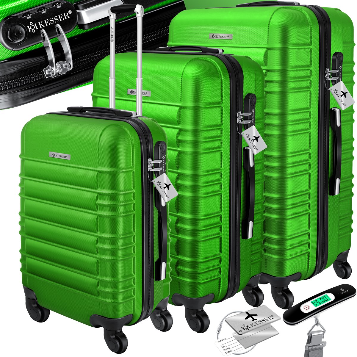 KESSER® 3x Koffer, reiskofferset, trolleykoffer harde kofferset incl. bagageweegschaal + bagagelabel rollend kofferslot 4 wielen ABS harde schaal telescopisch handvat M-L-XL - Groen