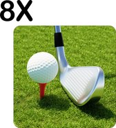 BWK Luxe Placemat - Golfbal en Golfclub op het Gras - Set van 8 Placemats - 50x50 cm - 2 mm dik Vinyl - Anti Slip - Afneembaar