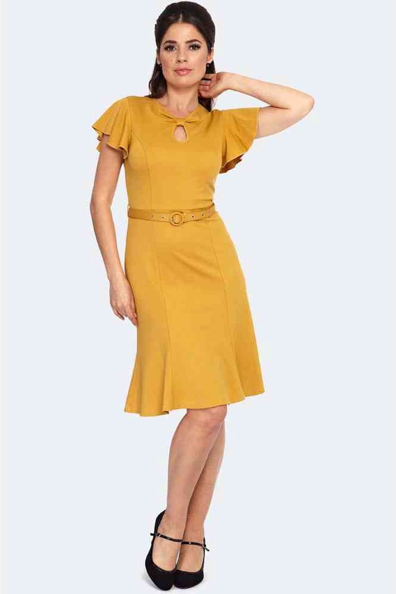 Voodoo Vixen - Flutter Sleeve Twist Front Flare jurk - XL - Geel