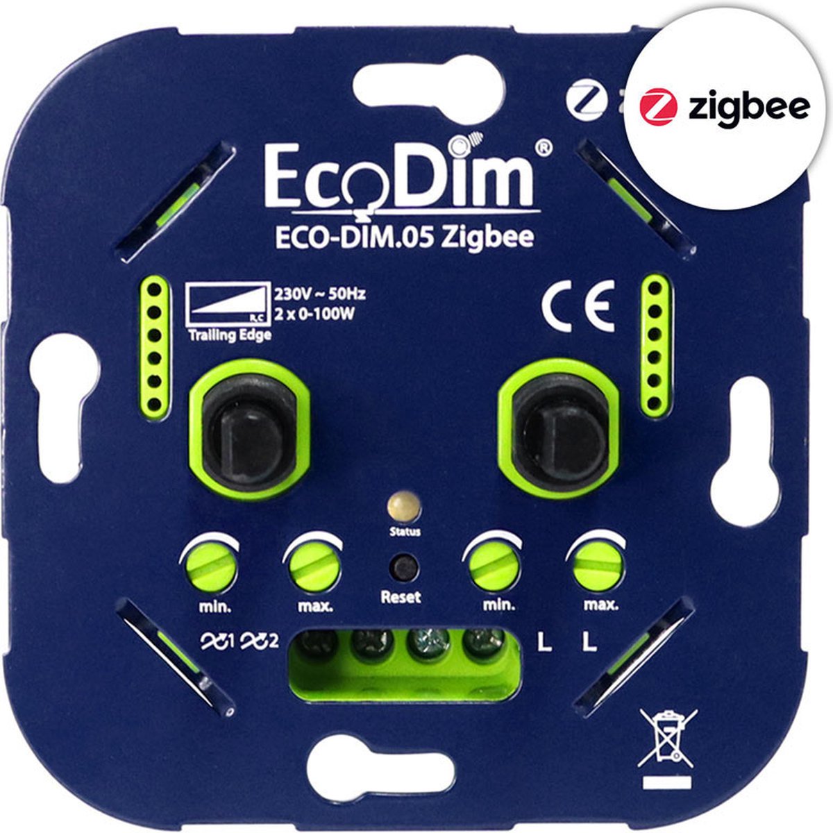 EcoDim Zigbee duo led dimmer, ECO-DIM.05 Zigbee, druk/draai, kleine inbouwdiepte, 2x 100W LED, bijpassend afdekmateriaal verkrijgbaar