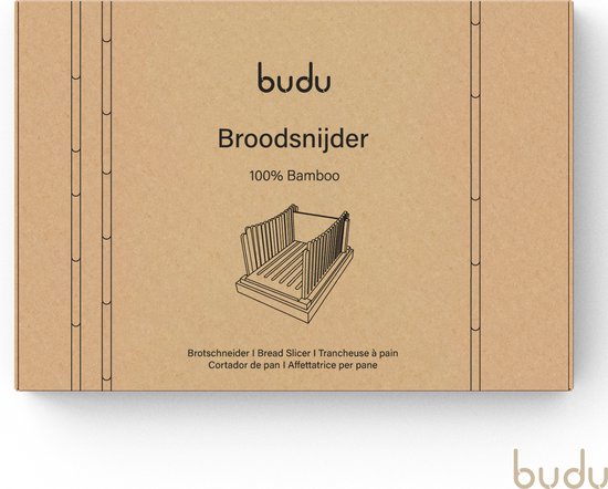 Doos voor Budu broodsnijder, 100% bamboe, met illustratie van snijder.