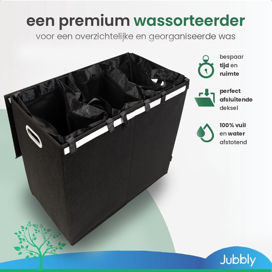 Jubbly ® Wasmand 3 vakken – Wassorteerder met Deksel – Uitneembare waszakken – Wasbox – Opvouwbaar – Kleding Organizer – Laundry Basket – Zwart – 138L - Jubbly
