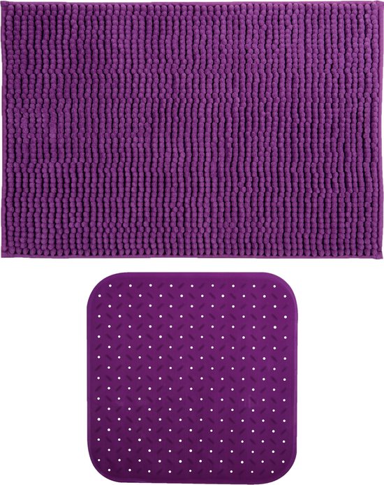 MSV Douche anti-slip mat en droogloop mat - Sevilla badkamer set - rubber/microvezel - paars