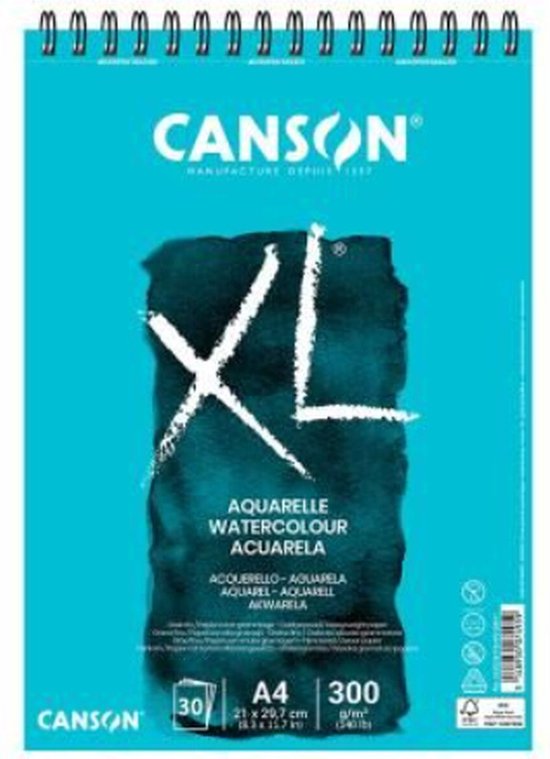 Canson XL Aquarel schetsblok, A4, 30 vellen 300 g/m², spiraalbinding, blauwe kaft.
